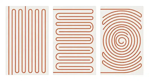 Three electric blanket wire layout patterns straight-line, S-shaped, and spiral routing Three electric blanket wire layout patterns straight-line, S-shaped, and spiral routing